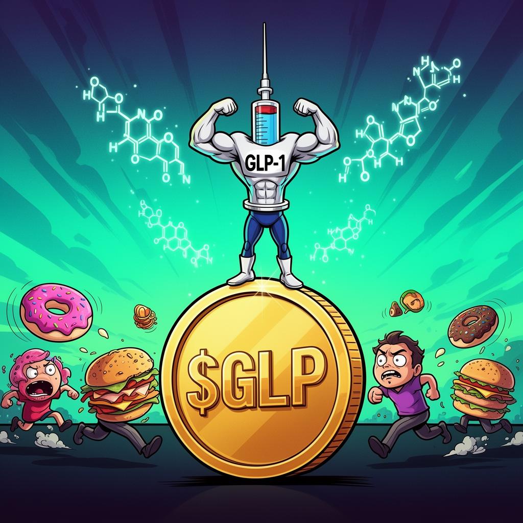 $GLP — muscular GLP-1 syringe character flexing on a giant gold coin while junk food flees